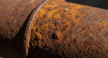 Close up of a heavily corroded metal pipe showing extreme rust and material decay photo