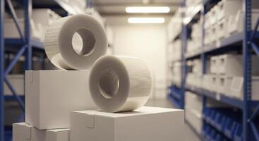 Large clear rolls of transparent packaging tape on white boxes in a modern warehouse photo