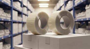 Clear packaging tape rolls on white boxes in a modern warehouse storage facility photo