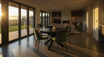 Modern open plan living and dining space with sunset light and large bifold doors photo