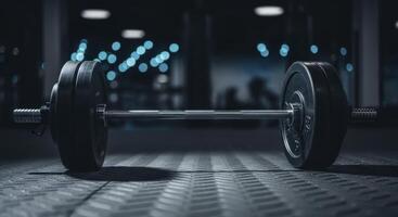 Heavy barbell with dark weight plates on a textured gym floor in a dimly lit fitness center photo