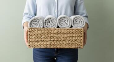 Holding a woven basket filled with neatly rolled grey towels for home organization and comfort photo