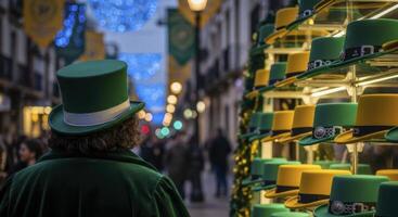 Green top hat and coat from behind, viewing a vibrant display of hats on a festive street photo