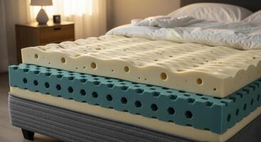 Multi layered mattress cross section revealing foam comfort and support layers in a bedroom photo
