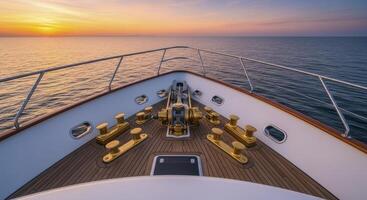 Luxurious Yacht Bow Sailing on Calm Ocean Waters at Golden Sunset photo