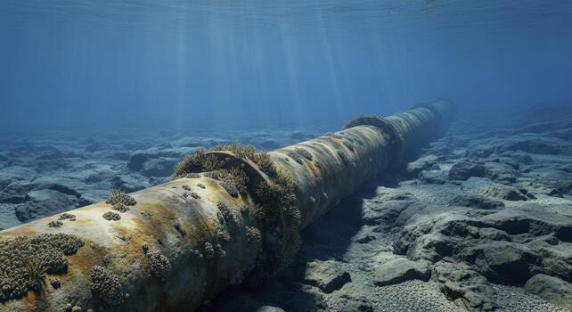 Large diameter pipeline resting on the ocean floor with sunlight filtering through water. photo