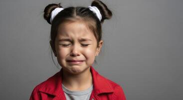 Young girl crying with eyes closed, expressing deep sadness and distress photo
