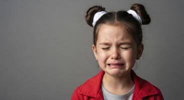 Young girl with pigtails crying with eyes closed, expressing deep sadness and distress photo