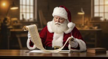 Santa Claus in his workshop reviewing a long scroll with the naughty or nice list photo