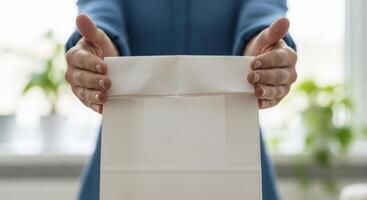 Woman hands holding and presenting a plain white paper bag with ample copy space photo