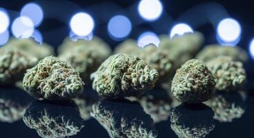 Close up of multiple cannabis buds on a reflective black surface with blue bokeh lights photo