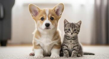 Curious Corgi Puppy and Playful Grey Tabby Kitten Sitting Together on Carpet photo