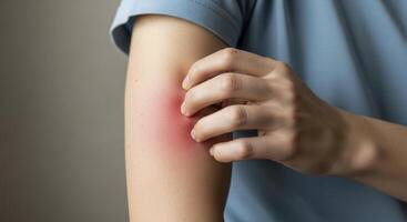 Woman scratching her arm with a red, inflamed patch, indicating skin irritation photo