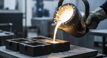Gloved hand pouring molten metal into molds in a modern industrial foundry setting photo