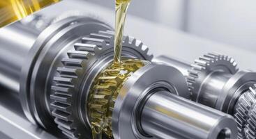 Lubricating oil pouring on metal gears and shafts for smooth mechanical operation photo