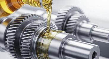 Pouring clear amber synthetic lubricating oil onto precision metal gears and shafts photo