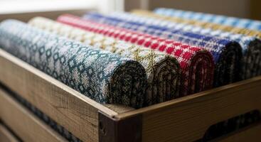 Vibrant Patterned Fabric Rolls Neatly Arranged in a Wooden Crate for Display photo