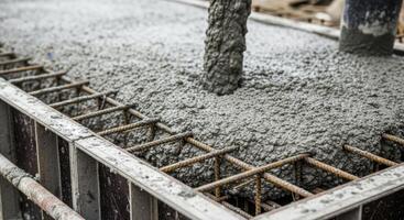 Fresh concrete being poured into a foundation with rebar for a new construction project photo
