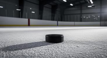 Black Hockey Puck Resting on Textured Ice Surface in an Empty Arena photo