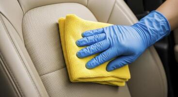 Professional car interior cleaning with a blue gloved hand wiping a leather seat photo