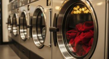 Row of modern stainless steel washing machines with red laundry in a laundromat photo