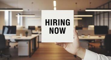Hand holding a 'HIRING NOW' sign in a modern office environment for job recruitment photo