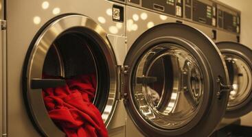 Commercial washing machines with open doors and red laundry in a modern laundromat photo