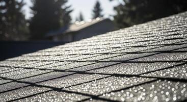 Close up view of a gray asphalt shingle roof covered in glistening water droplets photo