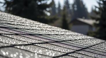 Glistening water droplets on a gray asphalt shingle roof under bright sunlight photo