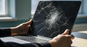 Hands holding a dark gray laptop with a severely cracked and shattered screen photo