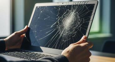 Hands holding a dark gray laptop with a severely cracked screen and shattered display photo