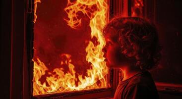 Young child with curly hair looking at intense flames through a window during a house fire photo