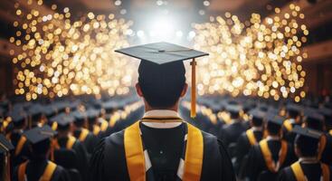 Graduate in cap and gown from behind at a commencement ceremony with bright lights photo
