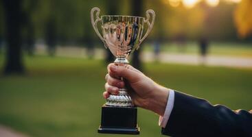 Man Hand in Formal Suit Holding Silver Trophy Outdoors Symbolizing Success photo