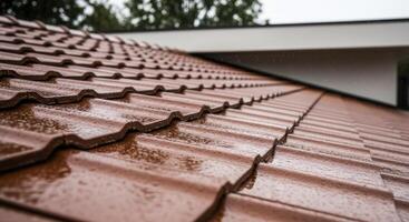 Modern house roof covered in wet terracotta tiles after a rain shower photo