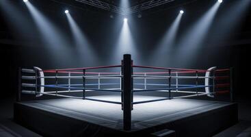 Empty Boxing Ring Illuminated by Bright Spotlights in a Dark Professional Arena photo