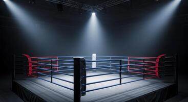 An empty boxing ring with blue ropes and red corner pad illuminated by bright spotlights. photo