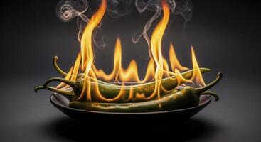 Fiery Green Chili Peppers on a Plate with Rising Smoke Symbolizing Intense Heat photo