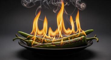 Burning Green Chili Peppers on a Dark Plate with Intense Flames and Rising Smoke photo