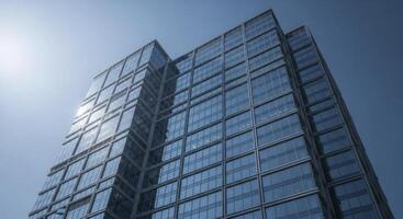 Modern Glass Skyscraper Reflecting Blue Sky and Sunlight in a Vibrant Urban Cityscape photo