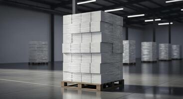 Large stack of white boxes on a wooden pallet in a modern industrial warehouse setting photo