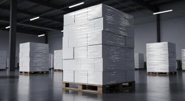 Large stacks of white boxes wrapped in plastic on wooden pallets inside a modern warehouse photo