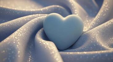 A light blue heart resting on soft shimmering fabric with elegant folds for romantic themes photo