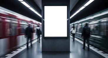 Blank Billboard Mockup in a Modern Subway Station with Blurred Trains and Commuters photo