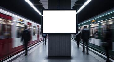 Blank Digital Billboard in Subway Station with Blurred Trains and Commuters photo