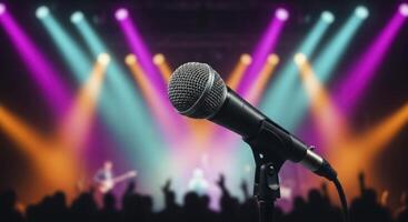 Microphone on stage with colorful spotlights and blurred audience at a live concert photo