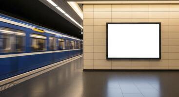 Blank Billboard at Modern Subway Station with Blue Train in Motion Blur photo