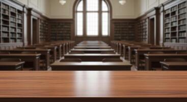Empty wooden table with blurred classic library or classroom background for product display photo