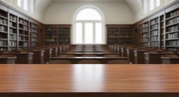 Empty Classic Library or University Lecture Hall with Wooden Desks and Bookshelves photo