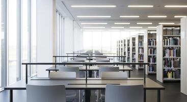 Modern library reading room with empty tables, chairs, and bookshelves bathed in natural light photo